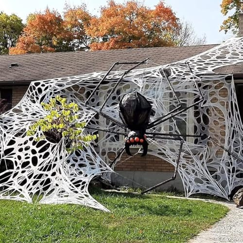 Decoraciones de telaraña de Halloween para jardín y patio, uso al aire libre, red de araña elástica para ambiente espeluznante, decoración de temporada (telaraña-L)