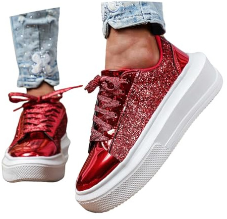 Generisch Sneakers da donna con paillette, basse, traspiranti, glitterate, da discoteca, per attività all'aria aperta, per carnevale, scarpe da corsa, scarpe da passeggio, costume di Natale, O rosso