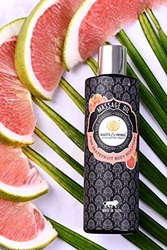 ROOTS AND HERBS Body Massage Oil Warmer with Cold-Pressed Black Seed Oil, Wintergreen, Eucalyptus Oil, & Ayurvedic Herbs Body Massage Oil for Massage Therapy Roots and Herbs, 6.76 oz (Pink Grapefruit)