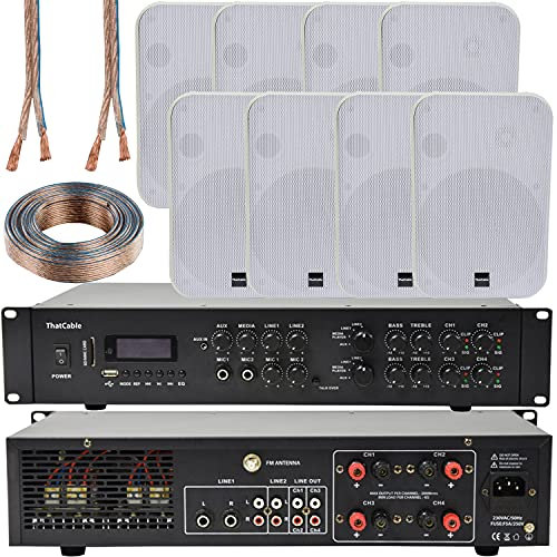 Loops 800W Multi Zone Bluetooth Sound System | 4 Channel HiFi Matrix Amplifier Amp Kit | 8x 200W White Wall Mount Speaker | Powerful Loud Wireless Music Streaming