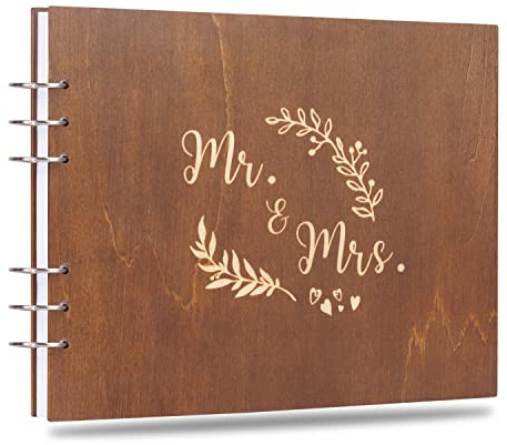 Creawoo 28,5 cm Mr&Mrs Libro degli Ospiti in Legno Album Ricordo Ricordo per Anniversario di Matrimonio Compleanno con 120 Pagine Bianche, Disponibili Almeno 240 Immagini-Carta Bianca