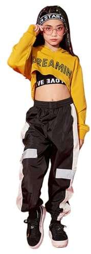 LOLANTA Completi Hip Hop per Bambini in 3 Pezzi, Tuta da Ragazza, Felpa con Cappuccio, Canotta, Pantaloni Jogger, Giallo, 13-15 anni, 170