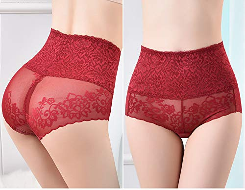 Femme Culotte Slips Lot De 3 Culottes pour Dames Sexy en Dentelle Taille Haute Élastique Femme Culotte Transparente Antibactérienne, 3Pcs Vin Rouge, M