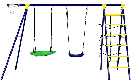 COSTWAY Kids Swing Set with Metal Frame, Double Swings, Climbing Ladder & Net, Basketball Hoop, Children Garden Backyard Playground Equipment for 3 Years Old +