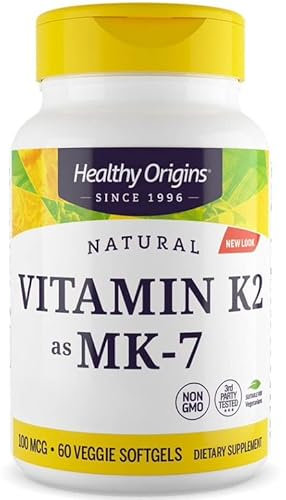 Healthy Origins, Vitamin K2 MK-7, 100mcg, da Natto, 60 Capsule, Testato in Laboratorio, Senza Glutine, Senza Soia, non OGM