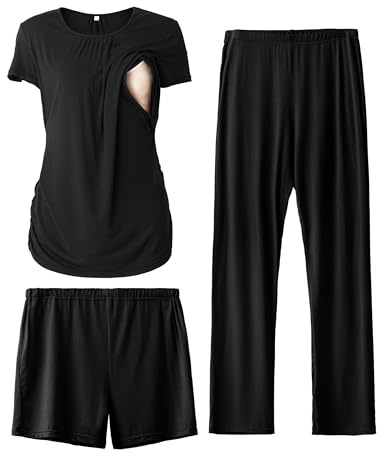 SUNNYBUY Mammakläder för kvinnor, amningspyjamas-set, kortärmade underkläder, graviditetsshorts och byxor, 3-delat amningskyjamas-set, svart, XXL