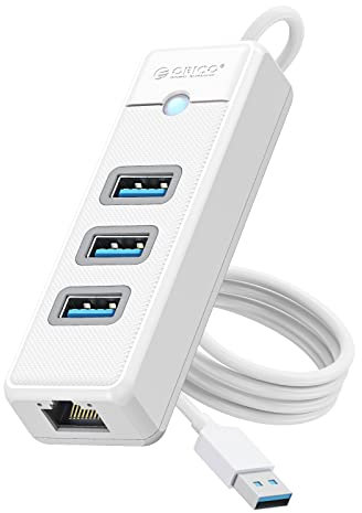 ORICO Hub USB Ethernet,Hub USB 3.0 a 4 porte, adattatore USB-A a Ethernet Gigabit con 3 Hub USB 3.0 per computer portatile, hub USB 3.0 con adattatore RJ45 compatibile con MacBook iPad Pro