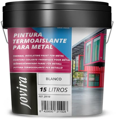 JOVIRA PINTURAS PINTURA TERMOAISLANTE, para Metal al Agua. Especial para Tejados y Naves Industriales (Acero, Galvanizado, Chapa, Metal) (15 Litros, Blanco) A-52
