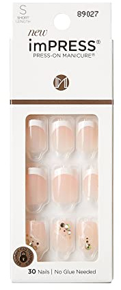 KISS imPRESS No Glue Mani Press On Nails, Design, 'My Worth', White, Short Size, Squoval Shape, Includes 30 Nails, Prep Pad, Instructions Sheet, 1 Manicure Stick, 1 Mini File