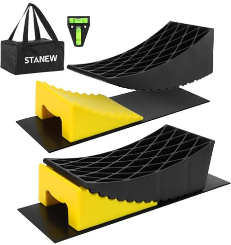 Stanew Camper Levelers 8-Piece Kit RV Leveling Blocks, Camper Wheel Chocks Including Two Curved Levelers, Two Chocks, Two Rubber Grip Mats for Motorhome Van Trailer