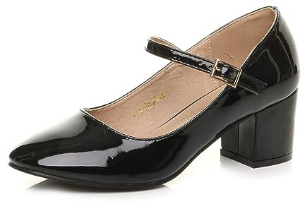 AJVANI Womens Ladies mid Block Heel Strap Work Evening Party Mary Jane Court Shoes Size 6 39 Black Patent