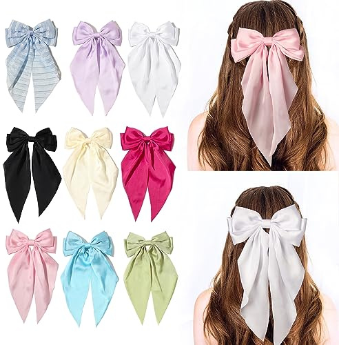 Furling Pompoms Hair Bows Clips for Women Large Pink Bows for Girls White Hair Ribbon for Hair Satin Long Tails with Alligator Clips Big Hair Bow Hair Accessories Pack of 9