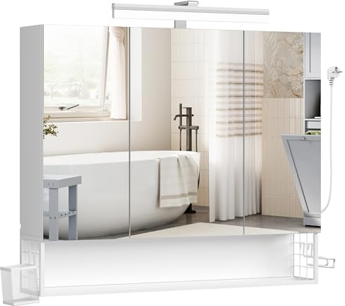 VASAGLE Spiegelschrank Bad mit Beleuchtung, 16,5 x 90 x 75 cm, Steckdosen, Hängekorb, Haartrockner-Halter, Spiegelschrank, Badschrank, Wandschrank, für Badezimmer, wolkenweiß BBK136W01