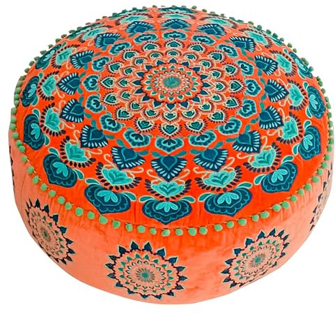 Orange Runder Pouf Ottomane Bezug mit Samtstickerei – weicher, bestickter Bodenkissen mit marokkanischem Design, 60cm Durchmesser, ideal für Wohnzimmer, Schlafzimmer oder Meditationsraum