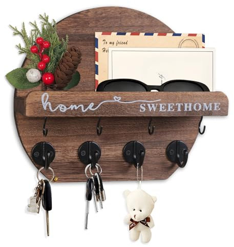 Dxiunove Key Holder for Wall Key Hooks Wall Mounted with Dried Flowers with Shelf and Wooden Key Holder Round Key Rack for Entryway Mudroom Hallway Kitchen Office (Brown)