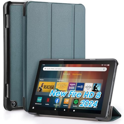 WD&CD Custodia Compatibile per Amazon Fire HD 8 2024/2022 / 2020 8, Ultra Sottile Smart Pelle Cover con Sonno/Sveglia la Funzione Compatibile per Fire HD 8 2024/2022 / 2020 8 Tablet, Verde Scuro