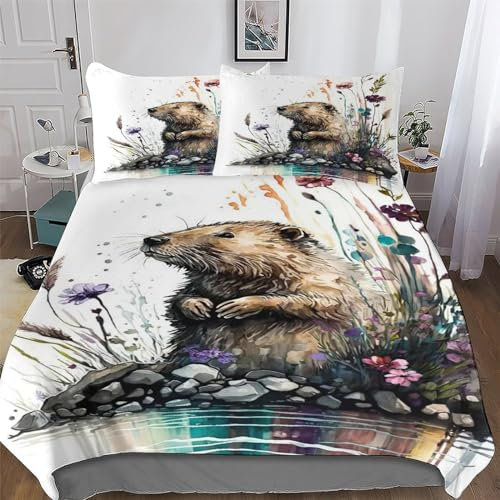 Beaver 3D Duvet Cover Bedding Set with Pillowcases Cosy Super Soft Bed Linen Quilt Cover 2 PCs for Kids, Youth And Adult Brushed Microfiber Comforter Cover Single (135x200cm)