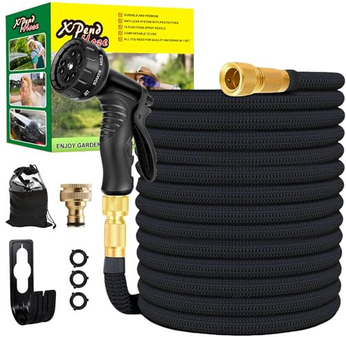 Manguera de jardín flexible de 22,5 m/30 m, manguera de agua flexible extensible con 10 funciones de pulverización, adaptadores rápidos y soporte de pared, adaptador para 1/2' 3/4 pulgadas y soporte