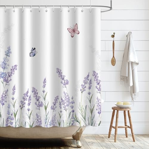 APROPHIC Cortina de ducha con diseño de lavanda, 180 x 180 cm, para verano, lavanda, mariposa, cortina de ducha, color lila, poliéster, impermeable, con 12 ganchos, lavable
