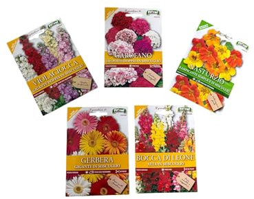 L'ORTOLANO-FIORAL-OFFERTA 5 BUSTE Di Semi Da Piantare-Violaciocca, Garofano, Nasturzio, Gerbera, Bocca di Leone. Sementi Selezionate e di Alta Qualità.