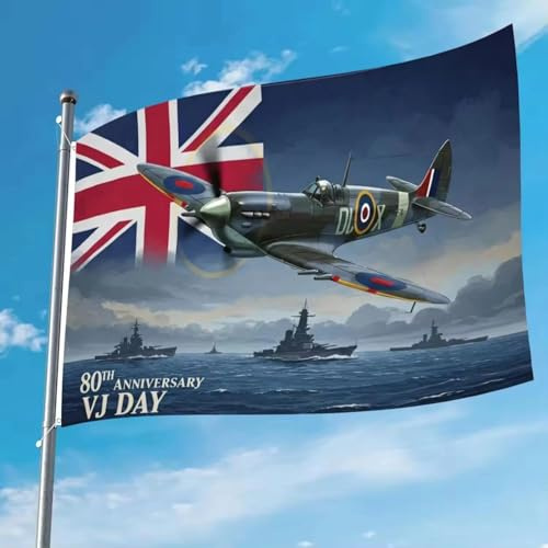Remembrance Day Flag, VJ 80th Anniversary 3 x 5ft Flag Banner Decorations Memorabilia 80 Years Victory Japan, Patriotic Spitfire Decorations RAF WW2 1945, Union Jack England VE