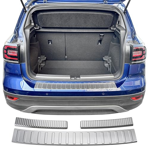 RECAMBO Protection de seuil de chargement en acier inoxydable – Convient pour VW T-Cross | C11 | année de construction à partir de 2018, lot de 2 pièces, aspect brossé, pour pare-chocs intérieur et