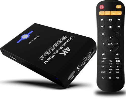 4K Ultra HD Media Player & HDD Enclosure 2-in-1,Digital Signage, Play H.265/HEVC H.264/AVC MP4 MKV Videos,MP3 Music,JPG Photos,Auto Playback and Resume,Supports HDDs,USB/SD Card,4k HDMI,Analog AV.