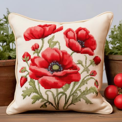 Taxpy Kit gancio di chiusura fai-da-te Fiori rossi Kit per realizzare cuscini Kits ganci di chiusura per fodera per cuscino Kits Da Ricamo Con Gancio Per Cuscino 43x43cm