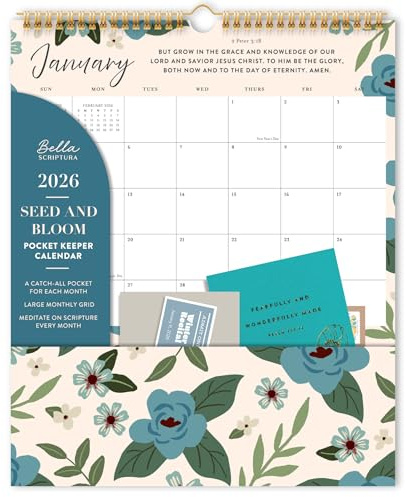 Seed & Bloom - 2026 Pocket Keeper Wall Calendar, monthly wall calendar, January 2026 - December 2026, 11.75” x 14.25”​ wall calendar, golden twin wire binding, premium paper, illustrated floral designs, Bible Verses, lsb, legacy standard Bible