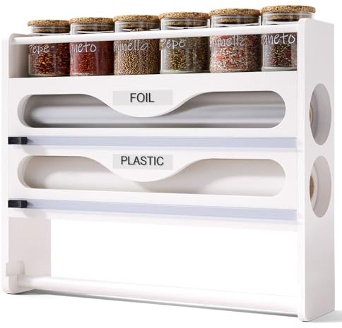 Fibogollo Wrap Dispenser with Cutter and Labels,4-in-1 Wall Mounted Bamboo Plastic Wrap Organizer with Spice shelf and Paper Towel Holder for Aluminum Foil,Cling Wrap,Wax,Parchment,Zipper Bags(White)