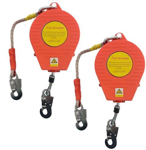 BOVDC Dispositivo Anticaidas Retráctil, Rojo Linea de Vida Retractil Homologado 200 KG, 10m Arnés de Seguridad Anticaídas Retráctil Trabajo en Tejados/Altura(Rojo - 2 Piezas,10m)