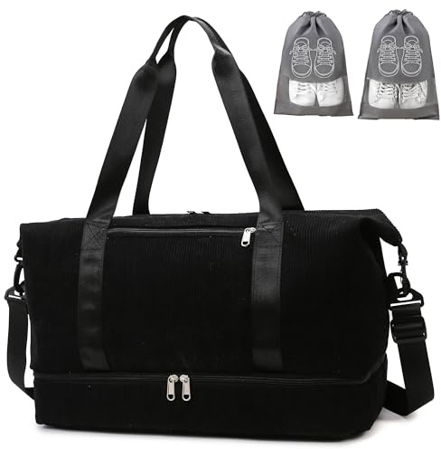 IBALULU sportväska reseväska dam, 35 l Weekender Travel Duffle Bag med 2 skopåsar, skofack och våtfack, manchester strandväska träningsväska handbagage väska för gym, resor, semester, svart