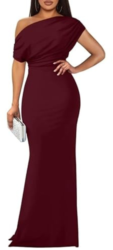 TANMESSO Dam Off Shoulder Bodycon Maxi Klänning Elegant Ärmlös Formell Kväll Fest Lång Slits Klänning, Vinröd, L
