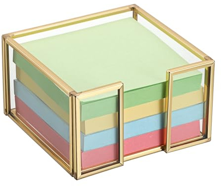 BTSKY Golden Glass Sticky Note Holder for 3x3 Inch Sticky Notes, Elegant Post It Note Dispenser with Non-Slip Pads Clear Notepad Holder for Desk Organization Planning, Home Office Decor
