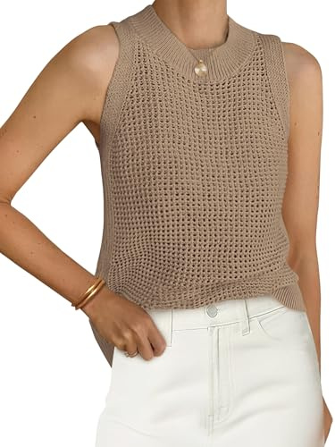 PRETTYGARDEN Summer Crochet Tank Tops for Women 2026 Casual Crewneck Hollow Out Loose Knit Sleeveless Sweater Vest Top Trendy(Khaki,Medium)