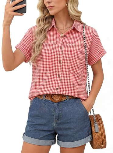 Kistore Short Sleeve Summer Tops for Women Casual Button Down Shirts Collared Striped Business Work Blouses Red Plaid Shirts S