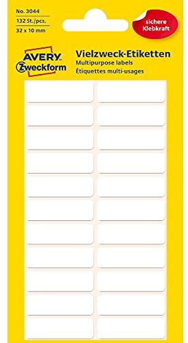 AVERY Zweckform 3044 Haushaltsetiketten selbstklebend (32x10 mm, 132 Aufkleber auf 6 Bogen,Vielzweck-Etiketten für Haushalt, Schule und Büro zum Beschriften und Kennzeichnen) blanko, weiß