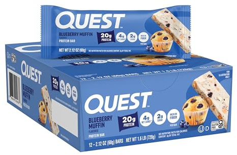Quest Nutrition Blueberry Muffin Protein Bars, 20g Protein, 2g Sugar, 5g Net Carb, High Fiber, Gluten Free, Keto Friendly, 12 Count