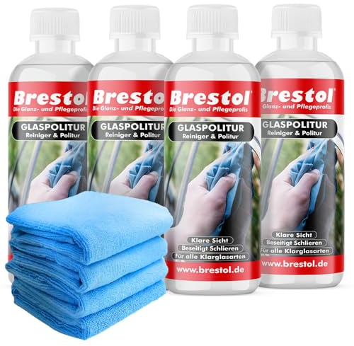 Brestol glaspolitur set3 (4 x 300 ml + 4 x universalduk) – bil glaspolering, glasrengöringsmedel – tar bort försegling träharts fett silikon från glas
