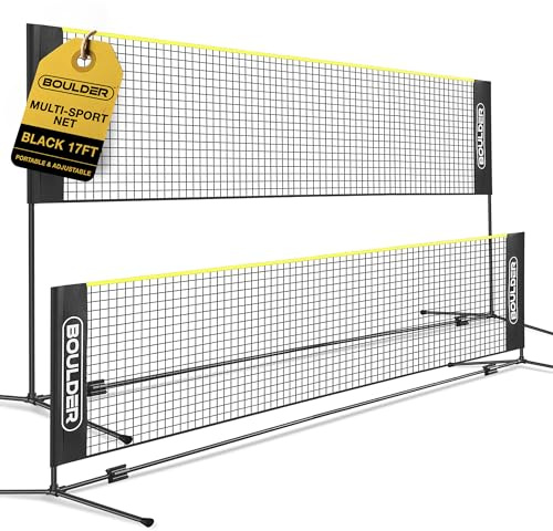 BOULDER Portable Badminton Pickleball Net - Foldable / Extendable Poles for Multiple Sports Heights (UP to 5 ft) - Ideal for Tennis, Pickleball, Soccer Tennis - Easy Setup (Black, 17 FT)