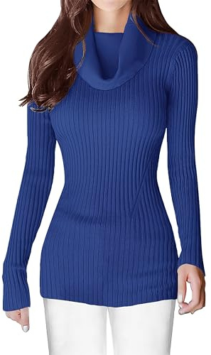v28 Damen-Pullover, dehnbar, Wasserfallkragen, Strick, langärmelig, schmale Passform, figurbetont, sexy Pullover, Cowlneck Blue2, Klein