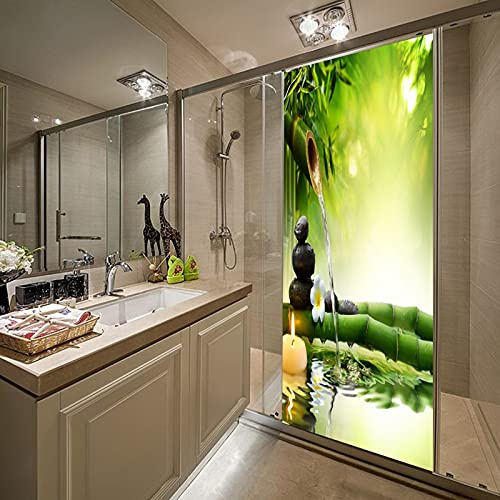 A.Monamour Pegatinas Decorativas de Puerta Autoadhesivo 3D Verde Bambú Agua Negro SPA Piedras Vela Zen Meditación Naturaleza Paisajes Vinilo para Puertas Mural PVC Pegatinas de Pared Foto Poster