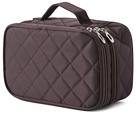 FORRICA Portátil Bolsa de Maquillaje Doble Capa con Espejo Mujeres Neceseres de Viaje Bolsas de Aseo Bolso de Organizador Niñas Viaje Bolsa de Cosméticos Marrón