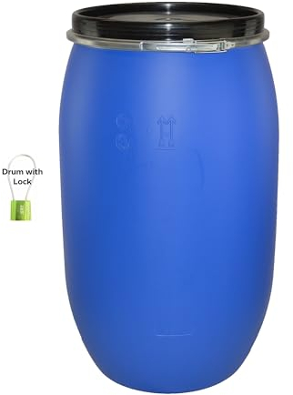 ITP Packaging 220 Litre Plastic Blue Open Top Storage Shipping Barrel Drum Keg with Lid and Latch Ring with Lock, UN Approved, Food Grade for Shipping, Air Tight…