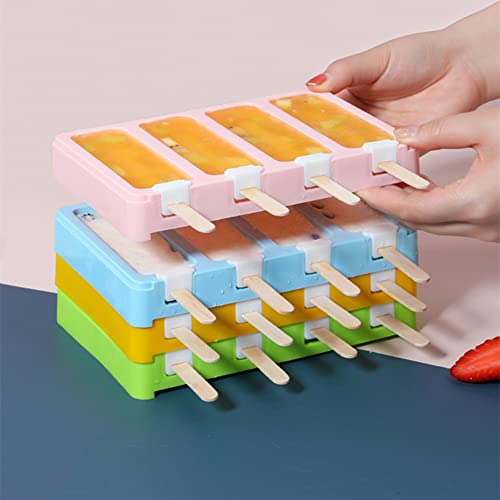 Dimoxii Set di 4 Stampi per Ghiaccioli con Coperchio, Set di Stampi per Ghiaccioli Impilabili a 4 Cavità, Formine per Ghiaccioli senza BPA con Coperchio, Stampi per Gelato con 200 Bastoncini di Legno