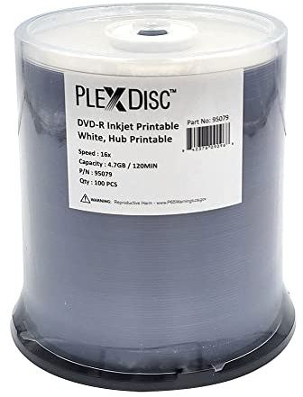 PlexDisc 95079 DVD-R 4.7GB 16X White Inkjet Hub Printable - 100pk Spindle Frustration Free Packaging, 100 Disc