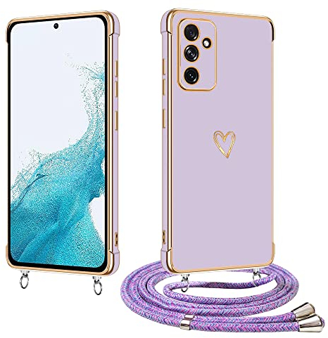 E-Lush Handyhülle für Samsung Galaxy A54 5G Hülle mit Band, Herz Love Muster Galvanik Silikon Handy Hülle für Samsung A54 5G Schutzhülle mit Kordel zum Umhängen Kameraschutz Stoßfeste Case, Lila