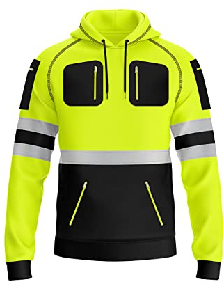 trending babz – Sweat à capuche en polaire réfléchissant haute visibilité avec bandes réfléchissantes de sécurité pour homme, 3 poches zippées, sweat-shirt contrasté pour travail, S-2XL, Jaune Noir 2