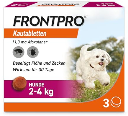 FRONTPRO Hund S - Kautablette gegen Zecken & Flöhe (kleine Hunde 2 bis 4 kg) - 3X Kautabletten für 3 Monate Zecken- und Flohschutz