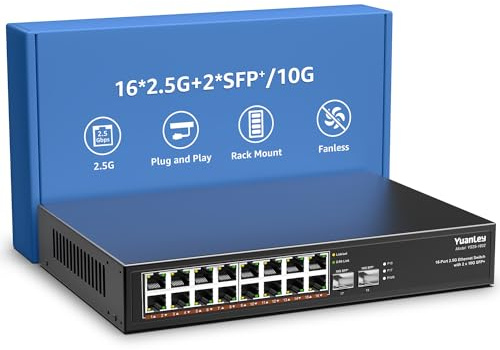 18 Porte 2,5G Switch Ethernet Umanaged, 16 Port 2,5G Base-T, 2 Port 10G SFP, Compatibile 100/1000M, Metallo Senza Ventola, Switch di Rete YuanLey 2,5Gbe da Montaggio a Rack per AP Wireless, NAS, PC